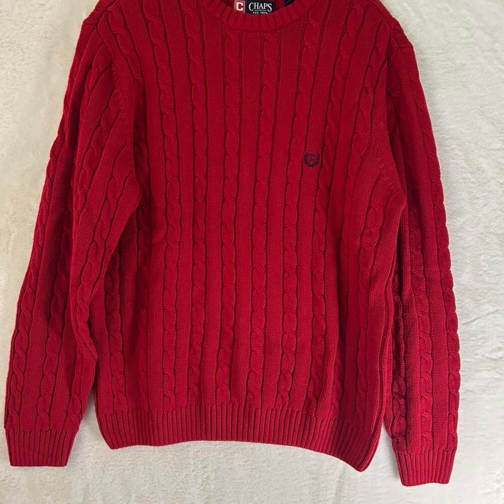 Chaps Cable Knit Sweater Mens Medium Red 100% Cotton‎ Crew Neck Pullover Logo